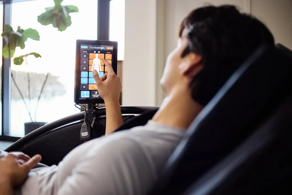Man using a CryoLounge+ chair touchscreen