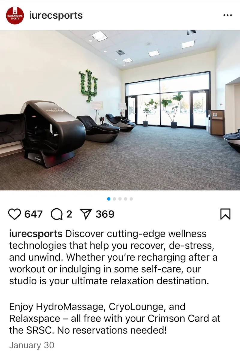 Instagram post by @iurecsports featuring a modern wellness studio with HydroMassage chairs and large windows, promoting free access to HydroMassage, CryoLounge, and Relaxspace for Crimson Card holders at SRSC.