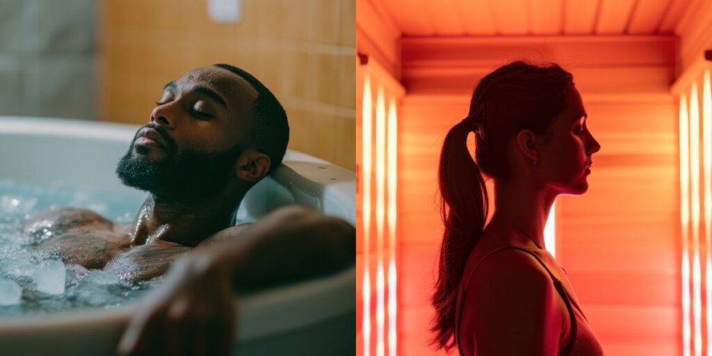 The Best Recovery Tools for Athletes: Why Cold & Heat Both Matter 1 Split-screen image showing two recovery methods: on the left, a man relaxing in an ice bath filled with ice cubes; on the right, a woman sitting in profile inside a glowing infrared sauna.