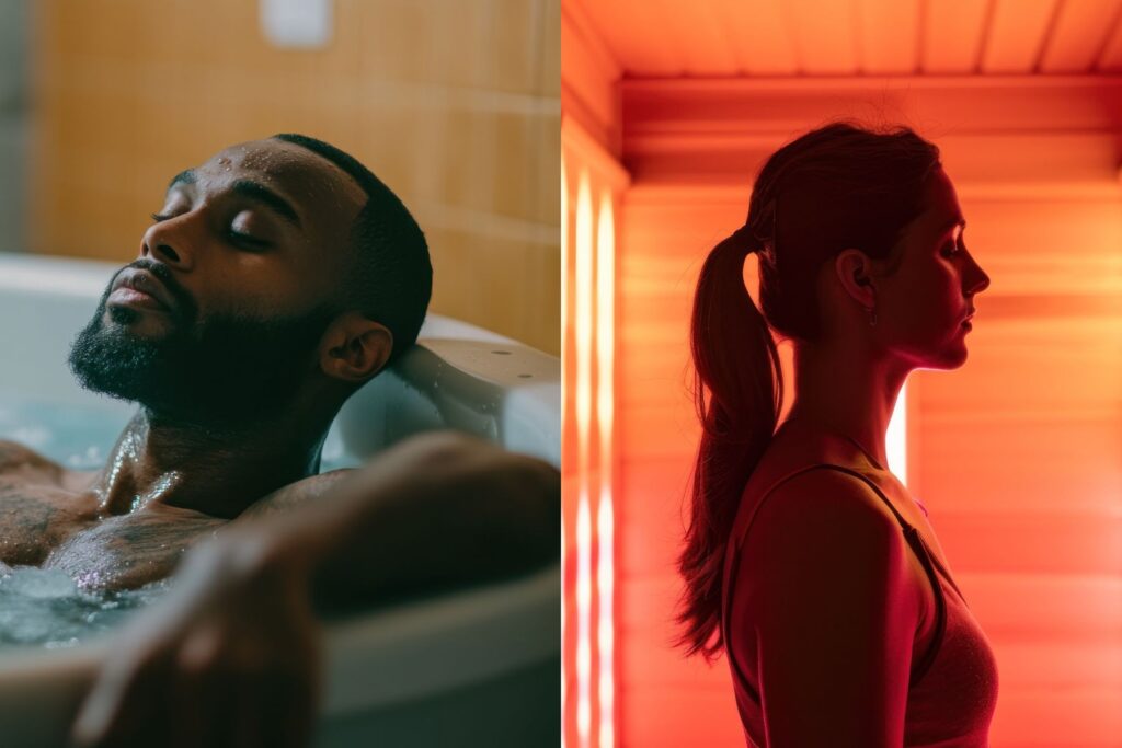 Split-screen image showing two recovery methods: on the left, a man relaxing in an ice bath filled with ice cubes; on the right, a woman sitting in profile inside a glowing infrared sauna.