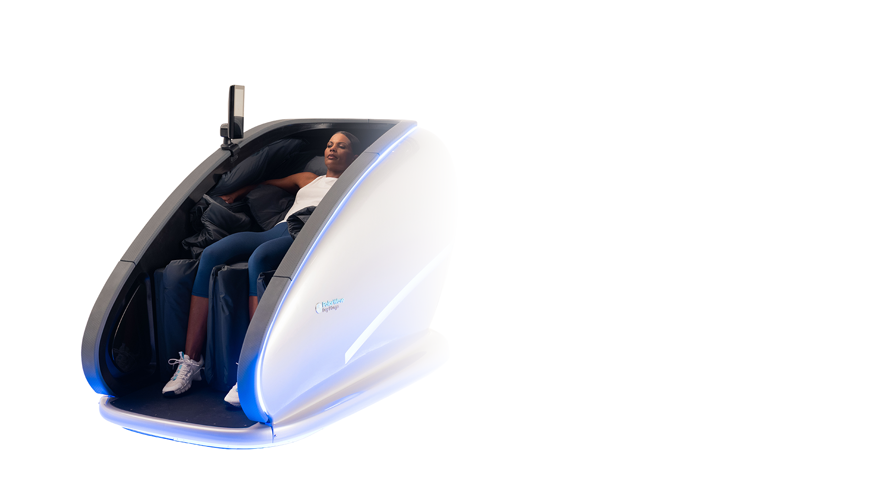 A woman sitting in a PolarWave dry cold plunge