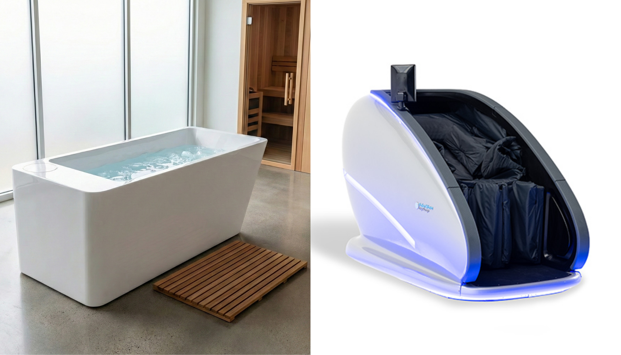 split screen image, cold plunge tub filled with water on the left, polarwave dry plunge on the right.
